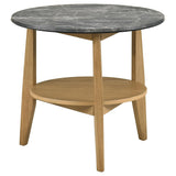 Bradley Round SmartTop End Side Table, front angle showing grey laminate top and natural ash veneer base