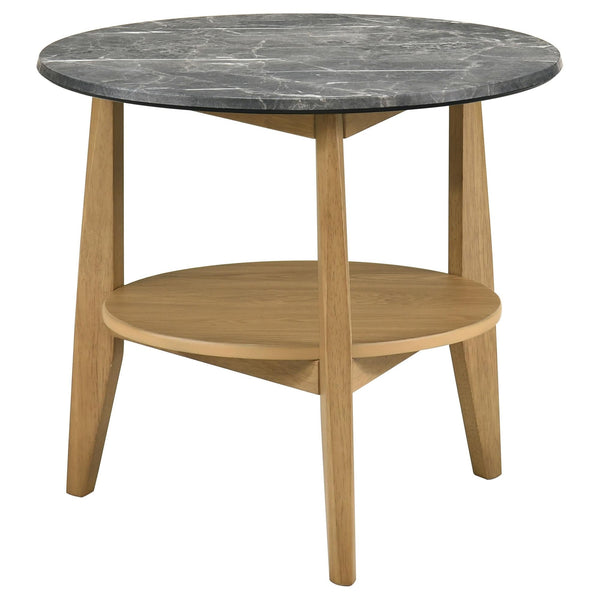 Bradley Round SmartTop End Side Table, front angle showing grey laminate top and natural ash veneer base