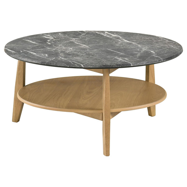 Bradley Round SmartTop Coffee Table top view showing grey laminate surface