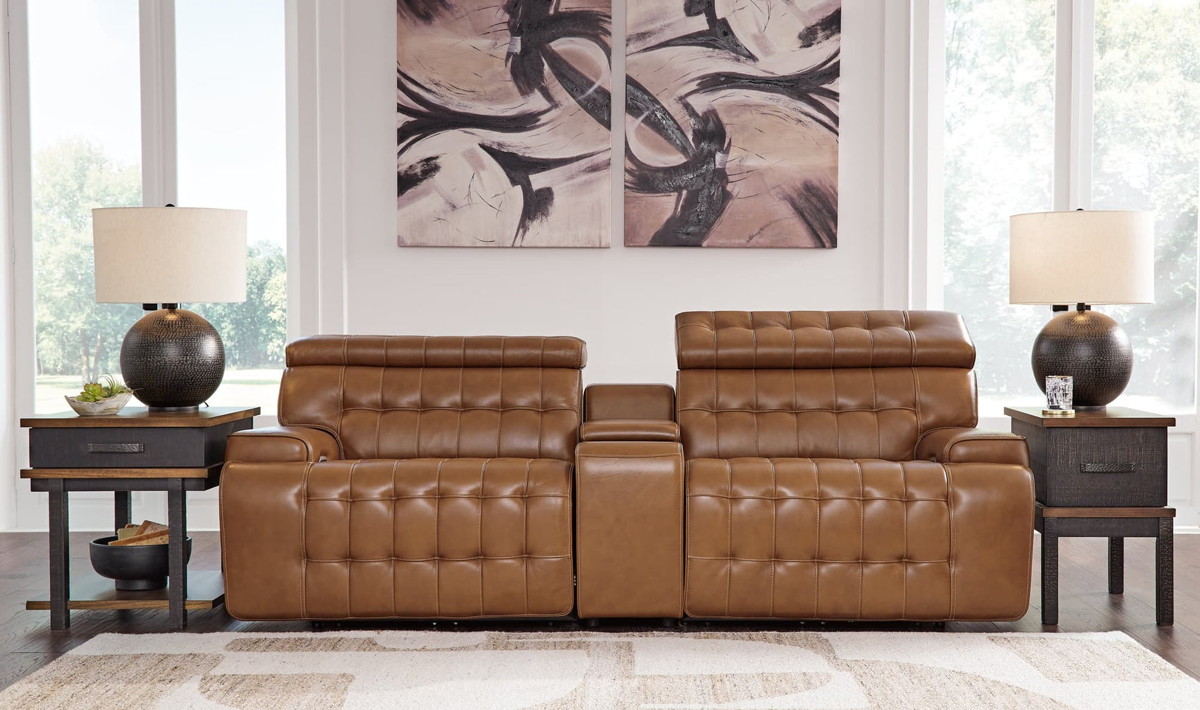 Temmpton chocolate leather 3-piece power reclining sectional loveseat with console front view