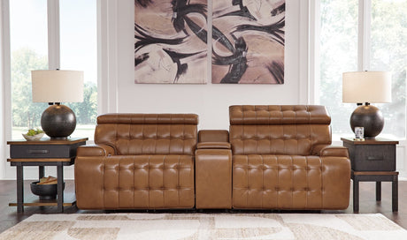 Temmpton chocolate leather 3-piece power reclining sectional loveseat with console front view