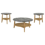 Bradley 3-piece round coffee table set with grey tops and natural wood finished frames - front view