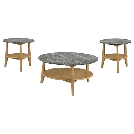Bradley 3-piece round coffee table set with grey tops and natural wood finished frames - front view