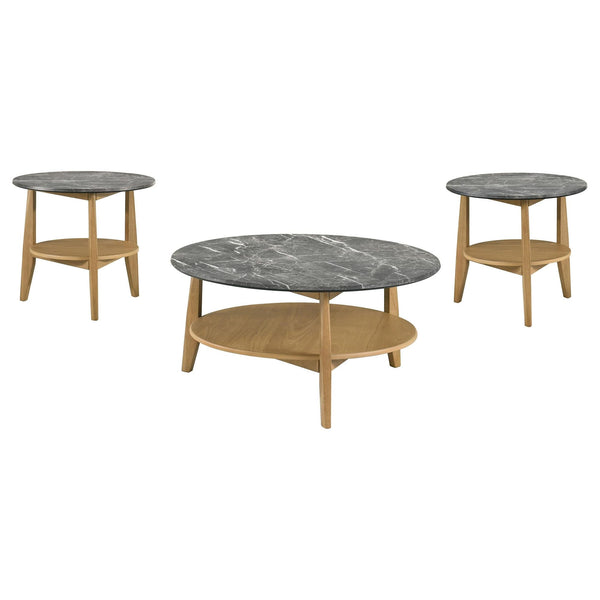 Bradley 3-piece round coffee table set with grey tops and natural wood finished frames - front view