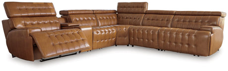 Temmpton Chocolate Leather 6-Piece Power Reclining Sectional, front angle with console
