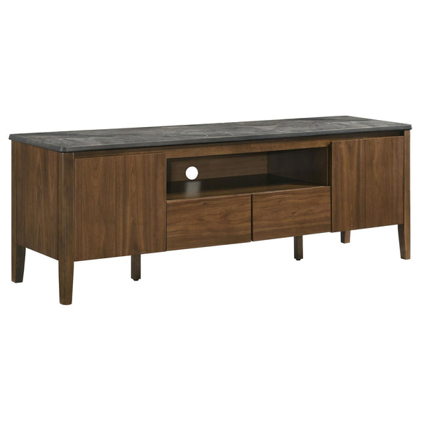 Bradley 63-inch SmartTop TV stand front view in smokey grey and brown