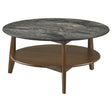 Bradley round coffee table front view with smokey grey tabletop and walnut veneer base