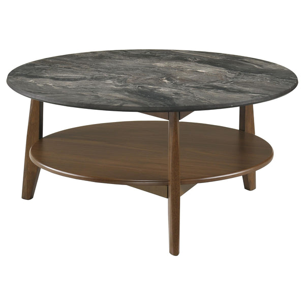 Bradley round coffee table front view with smokey grey tabletop and walnut veneer base