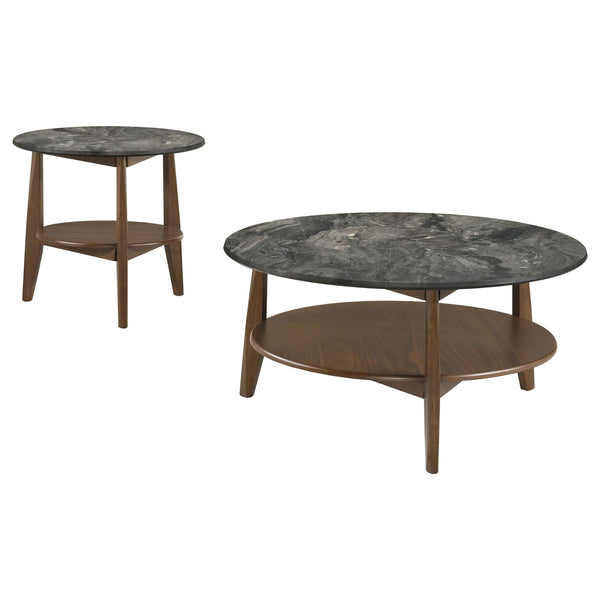 Bradley 2-piece round coffee table set, smokey grey laminate top and brown walnut veneer base