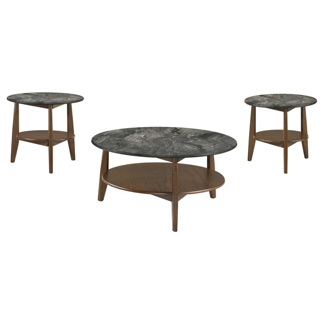 Bradley 3-Piece Round Coffee Table Set in Smokey Grey and Brown, front view
