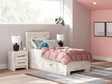 Lawroy twin panel bed front view with storage drawers open
