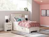 Lawroy twin panel bed front view with storage drawers open