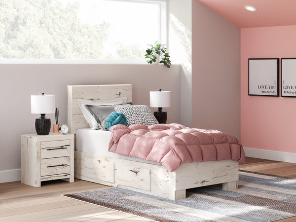 Lawroy twin panel bed front view with storage drawers open