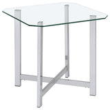 Cronin Square Side End Table with clear tempered glass top and chrome metal frame, angled view