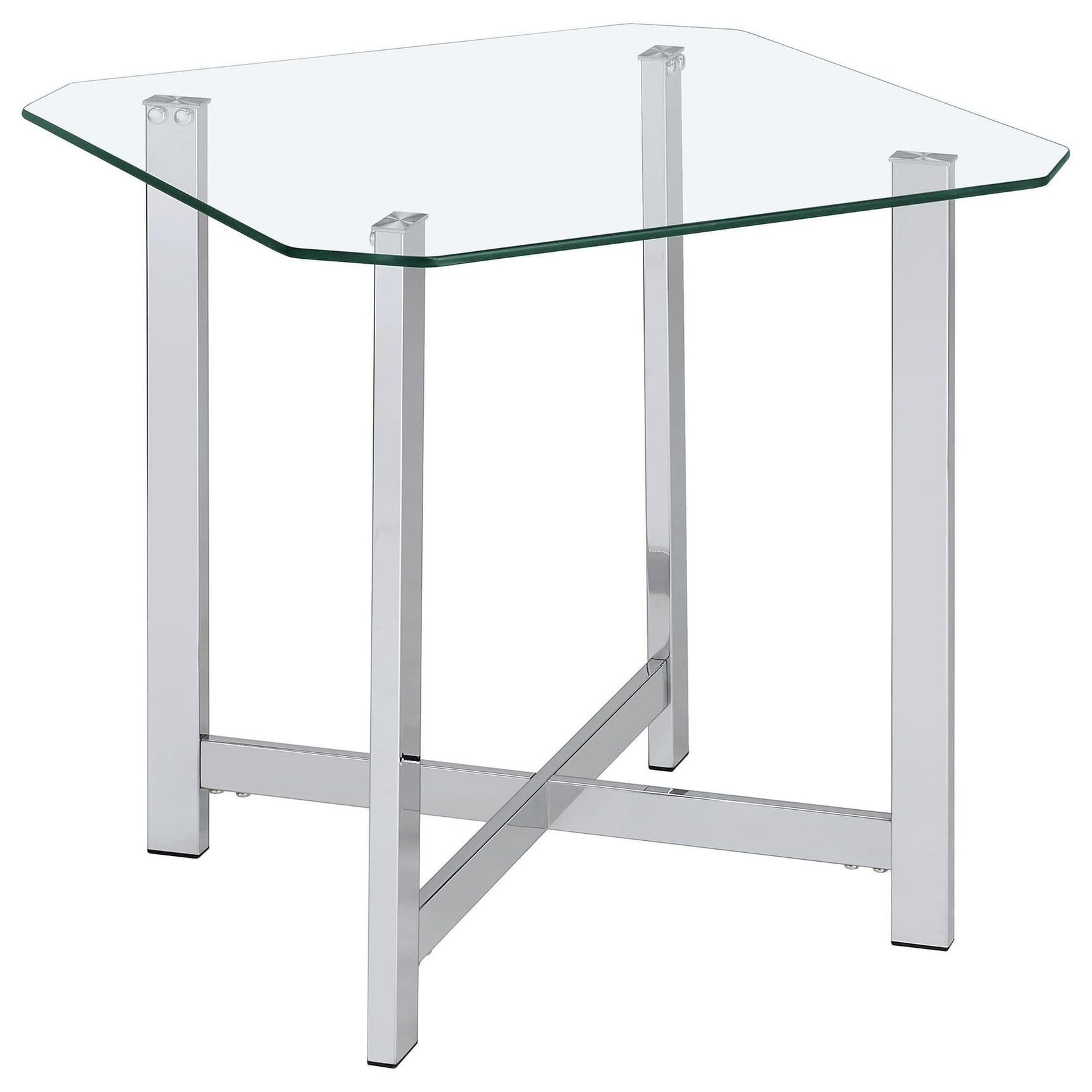 Cronin Square Side End Table with clear tempered glass top and chrome metal frame, angled view