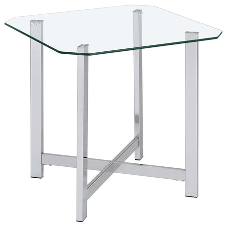 Cronin Square Side End Table with clear tempered glass top and chrome metal frame, angled view