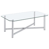 Cronin rectangular tempered glass top coffee table with chrome frame front view