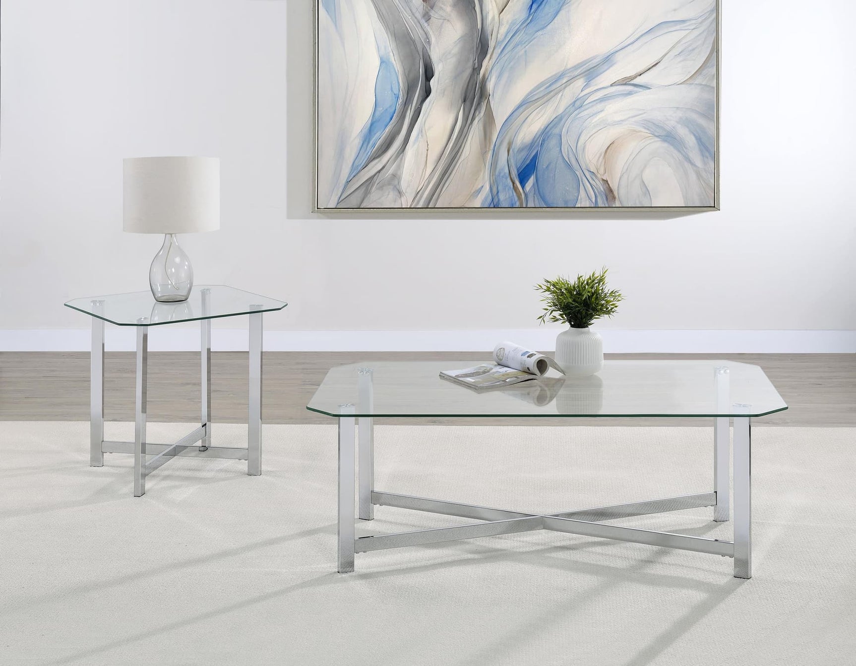 Cronin 2-piece tempered glass top coffee and end table set featuring chrome frames, front view