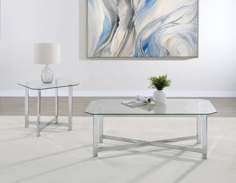Cronin 2-piece tempered glass top coffee and end table set featuring chrome frames, front view