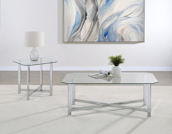 Cronin 2-piece tempered glass top coffee and end table set featuring chrome frames, front view
