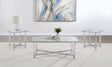 Cronin 3-piece coffee table set with clear tempered glass tops and chrome metal frames, front view