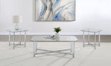 Cronin 3-piece coffee table set with clear tempered glass tops and chrome metal frames, front view