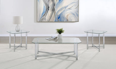 Cronin 3-piece coffee table set with clear tempered glass tops and chrome metal frames, front view