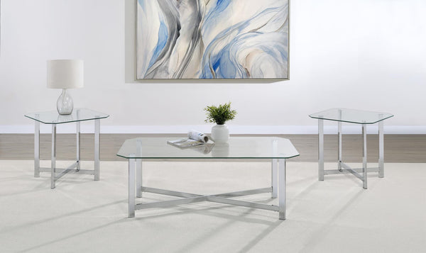 Cronin 3-piece coffee table set with clear tempered glass tops and chrome metal frames, front view