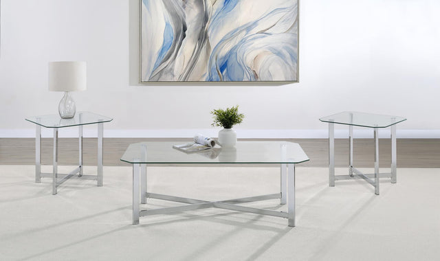 Cronin 3-piece coffee table set with clear tempered glass tops and chrome metal frames, front view