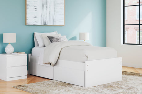 Onita White Twin Platform Bed front angle with side storage drawers open