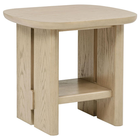 Kailani Coastal Square End Side Table with Shelf in Beige Oak, front angle