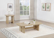 Kailani coffee and end table set in beige oak, angled side view