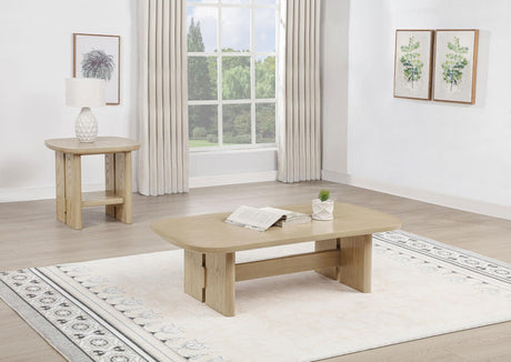 Kailani coffee and end table set in beige oak, angled side view