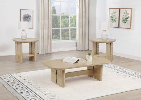 Kailani 3-piece Coastal Coffee and End Table Set Beige Oak front view