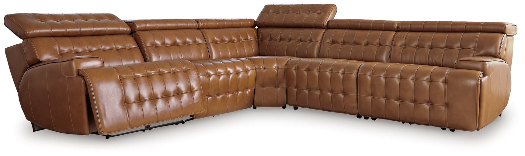 Temmpton Chocolate Leather 5-Piece Power Reclining Sectional front view
