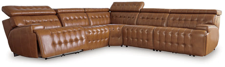 Temmpton Chocolate Leather 5-Piece Power Reclining Sectional front view