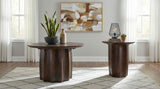 Cayenne coffee table with round walnut top and pedestal base