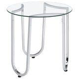 Beller round side table with chrome frame and clear tempered glass top, angled view