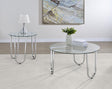 Beller 2-piece round tempered glass top coffee and end table set in chrome, front view