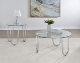 Beller 2-piece round tempered glass top coffee and end table set in chrome, front view