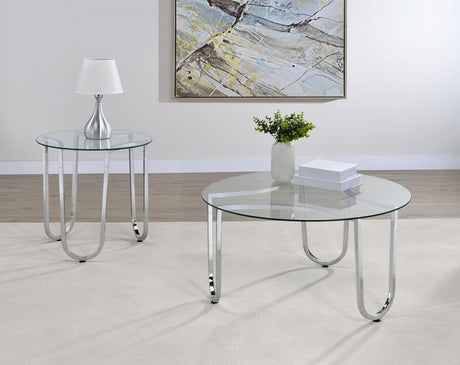 Beller 2-piece round tempered glass top coffee and end table set in chrome, front view