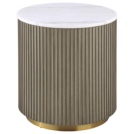 Jason side table front view showing white marble top and greige reeded drum base
