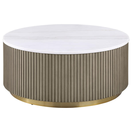 Jason Round White Marble Top Coffee Table Greige, top view showing marble surface