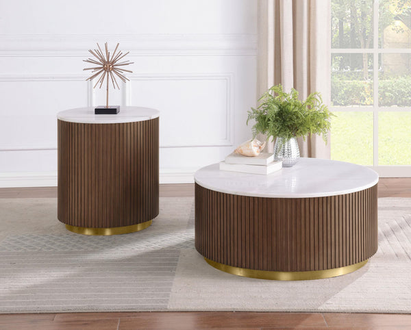 Jason 2-piece round coffee table set with white marble tops and honey brown bases