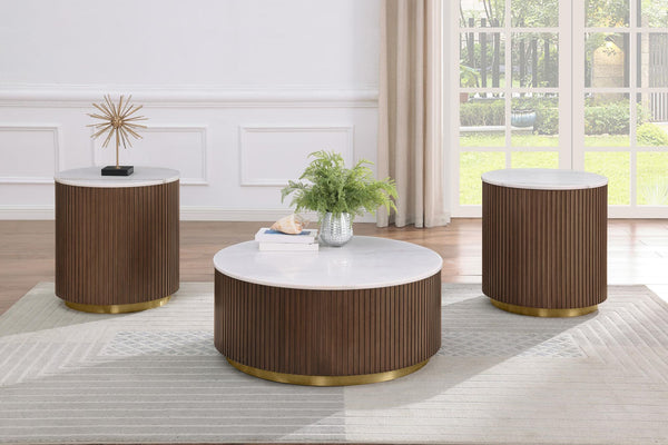 Jason 3-piece Round White Marble Coffee Table Set in Honey Brown, front view
