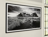 Delstone black and white wall art front view with mountain print