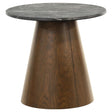 Franklin round wood pedestal side table front view showing grey top and dark brown base