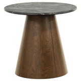Franklin round wood pedestal side table front view showing grey top and dark brown base
