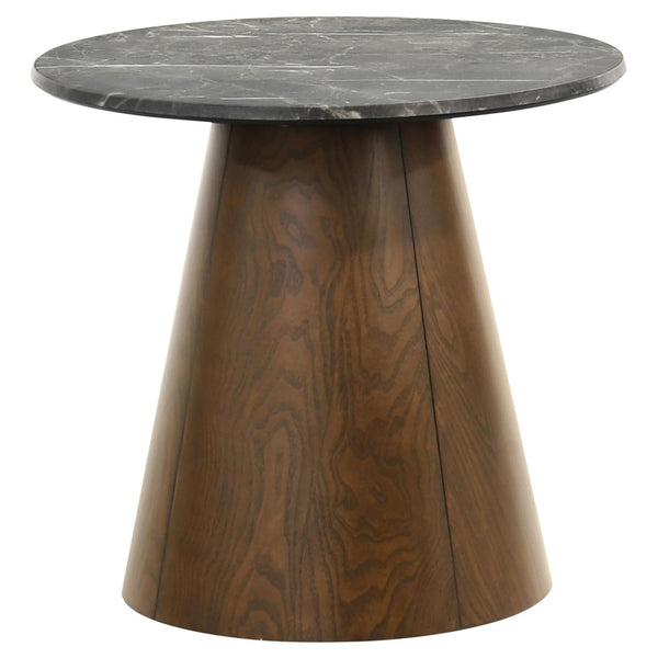 Franklin round wood pedestal side table front view showing grey top and dark brown base