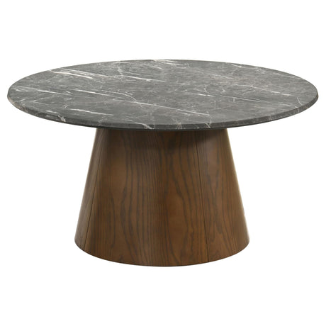 Franklin 36-inch round pedestal coffee table top view showing grey ash veneer surface